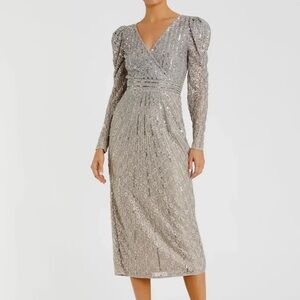Mac Duggal Beaded Lace Long Sleeve Midi Dress Taupe 93676 NWT